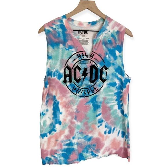 AC/DC Women’s V Neck Tie Dye Distressed Tank Top in Blue and Pink Size Small - Picture 1 of 6